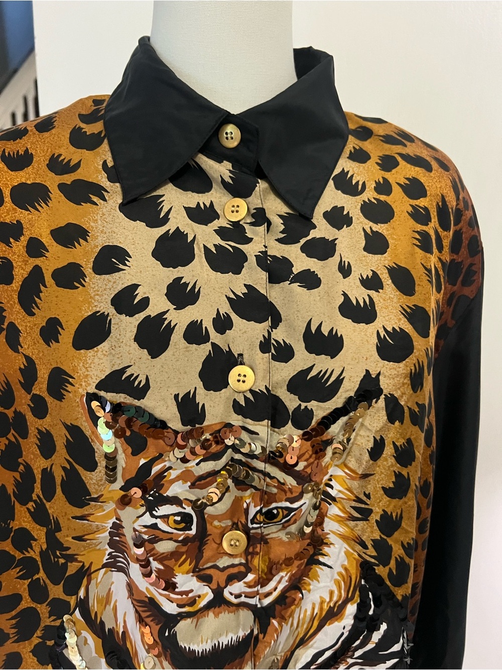 Silk Button up Shirt with Tiger Motif - Black and Brown & Animal Print, XL, NWT - Picture 2 of 9